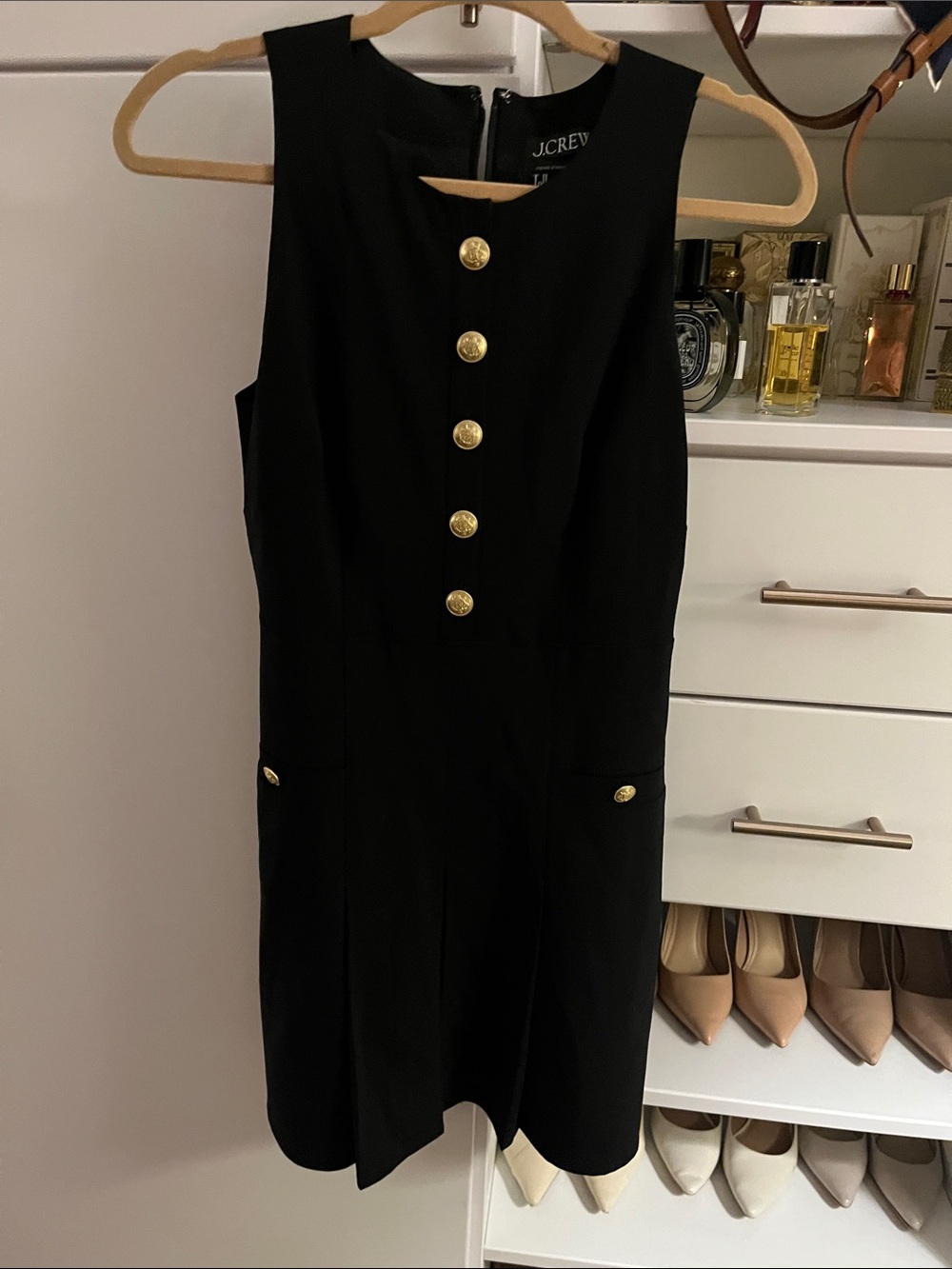 J. Crew Black Sleeveless Sheath Dress with Gold Buttons